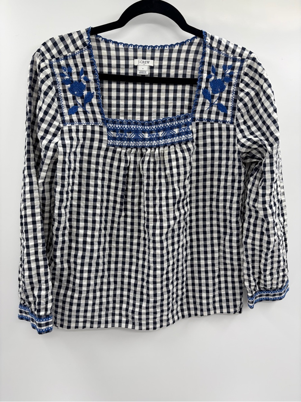 J.Crew Blouse Gingham Embroidered Square Neck Cottagecore Peasant Boho Sz small